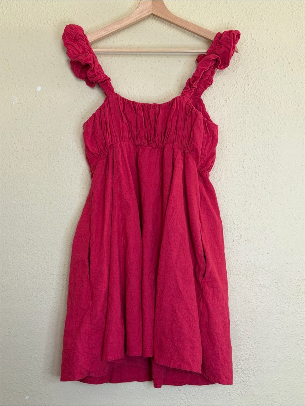 Abercrombie & Fitch | Pink Linen Blend Mini Dress Ruched Ruffle Pockets - Size L - Picture 5 of 7